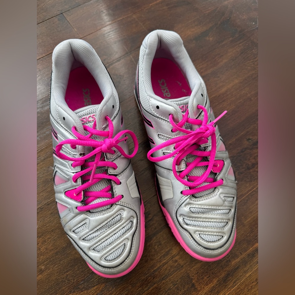 ASICS Gel-Game tennis shoes featuring a silver & hot pink colorway, gently used